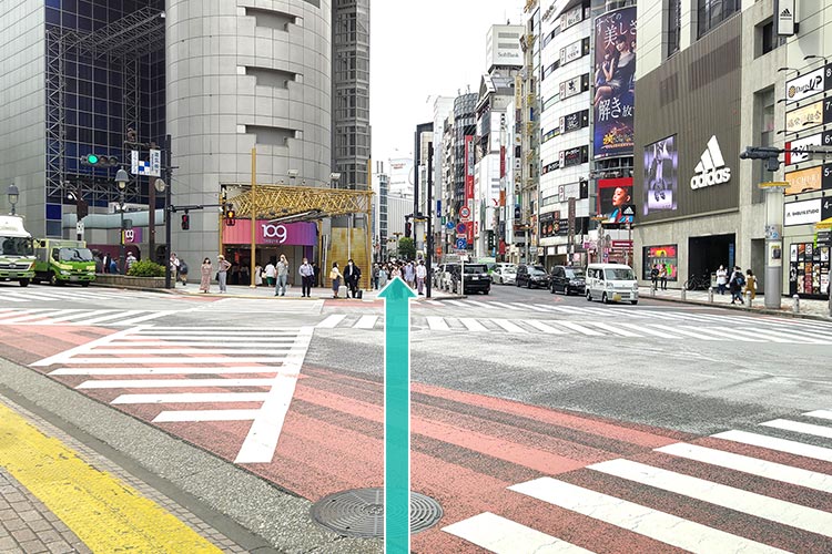 109の前の交差点を渡り、109を左手に見た状態で進みます